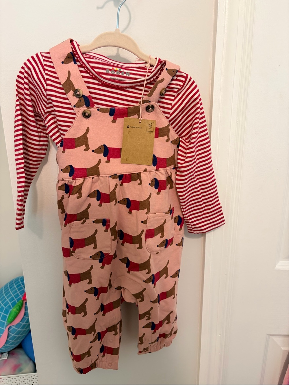 Baby Boden Pink Dachshund Print Overalls with Red Striped Tee